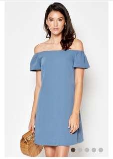 BN Off Shoulder Dress w Sash Ash Blue