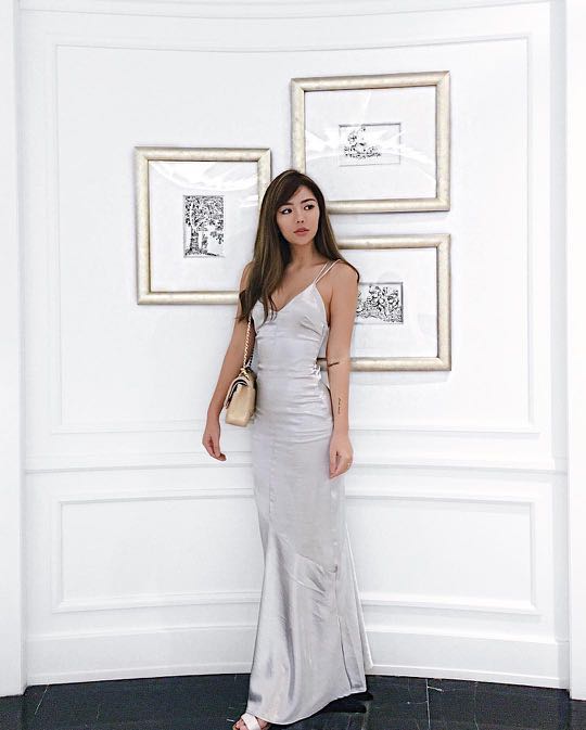 BNWT H M Silver Satin Plunge Strappy Maxi Dress Women s Fashion