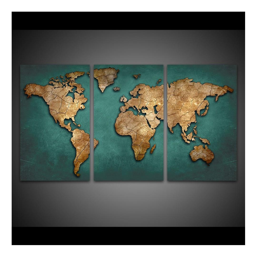Framed Print World Map Vintage Continent Design Wall Art Canvas