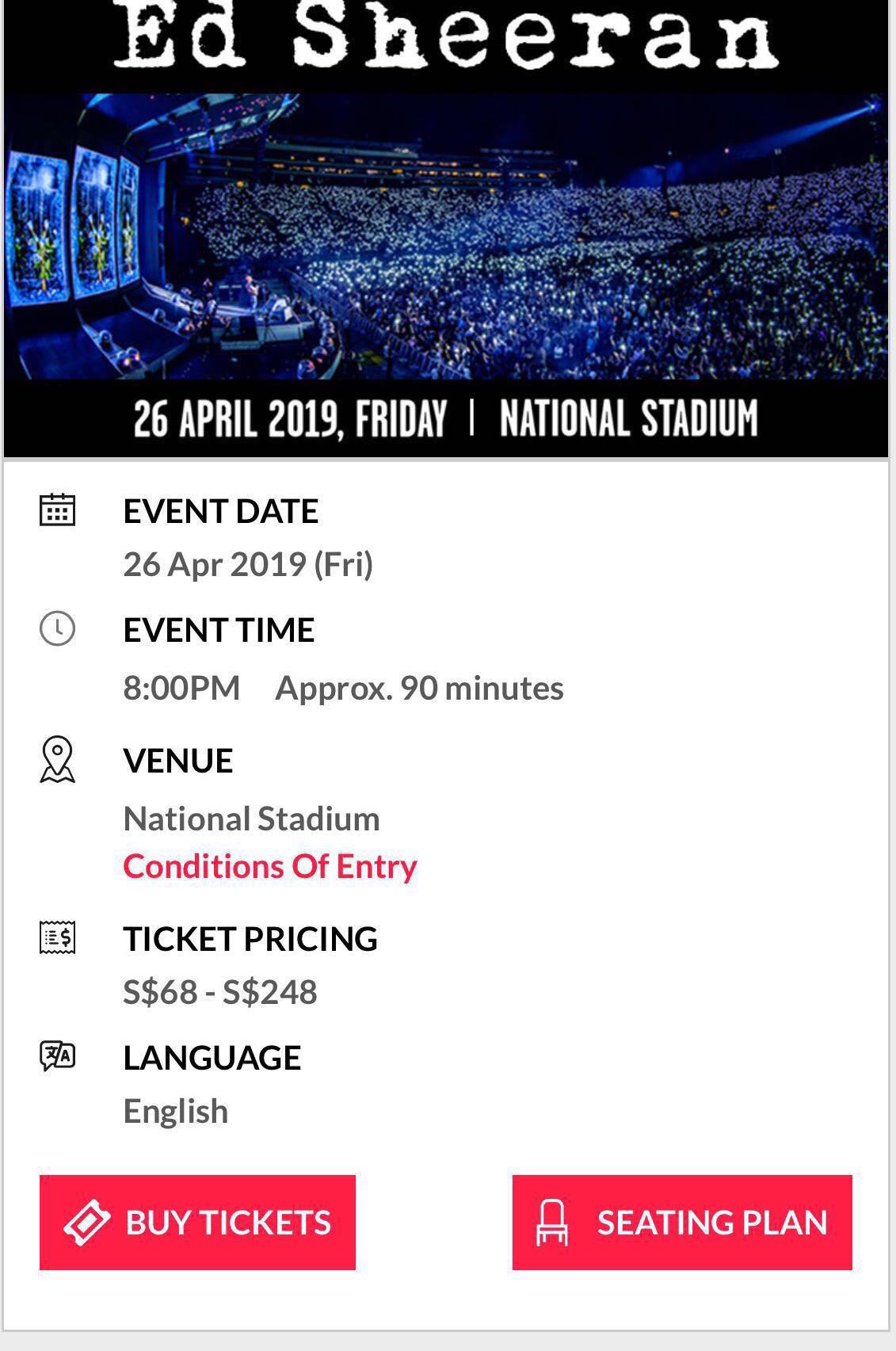 PAIR OF ED SHEERAN SINGAPORE STANDING TICKET, Tickets & Vouchers, Local