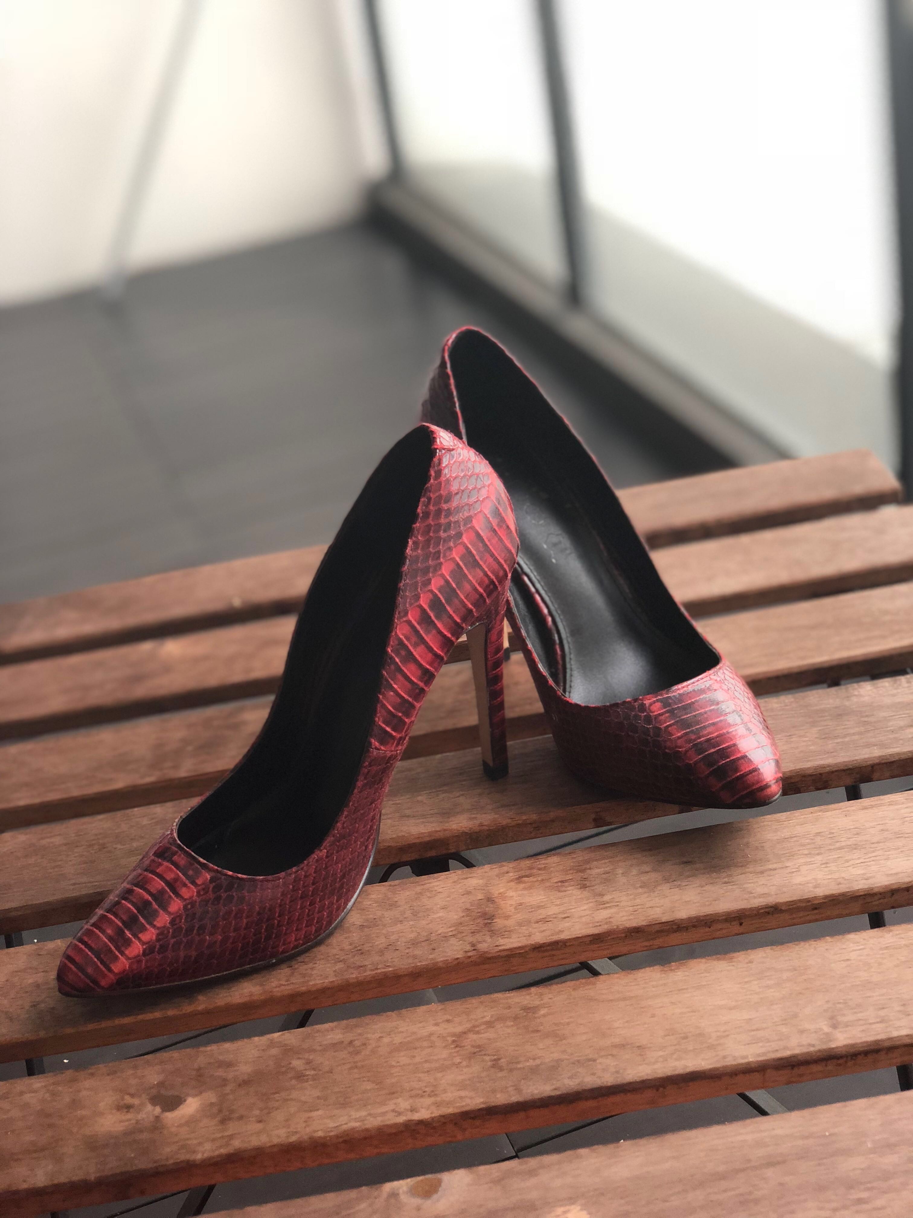 red snake print heels