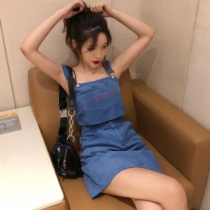 denim crop top and skirt set