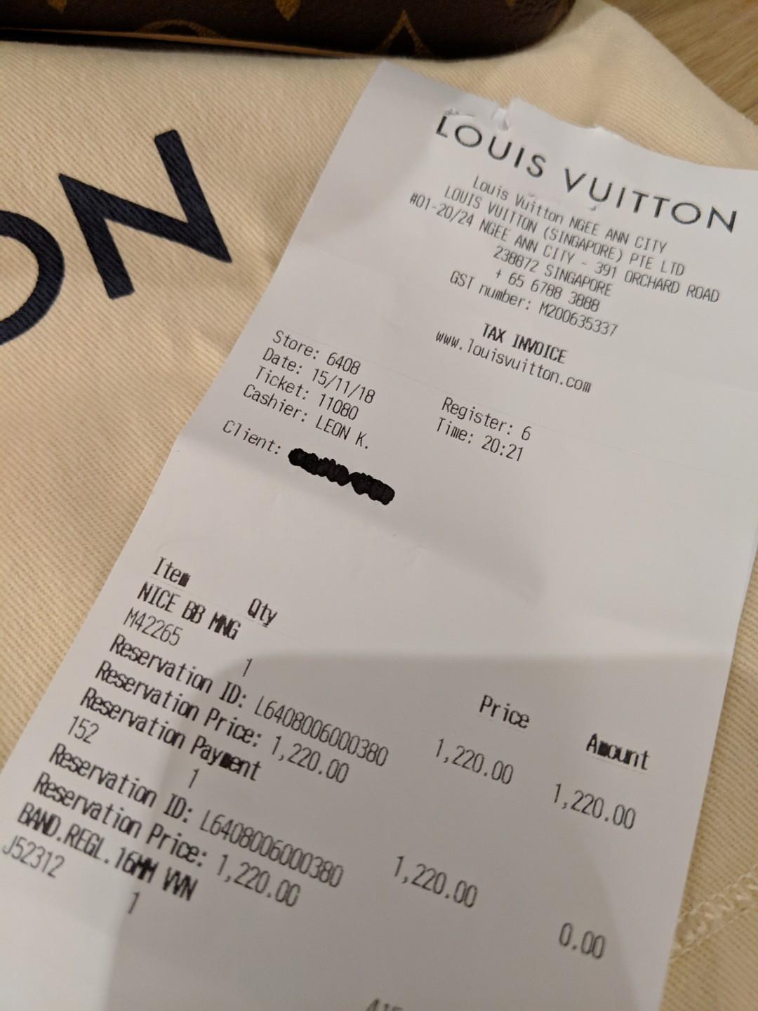 Louis Vuitton nice bb with full SG set receipt