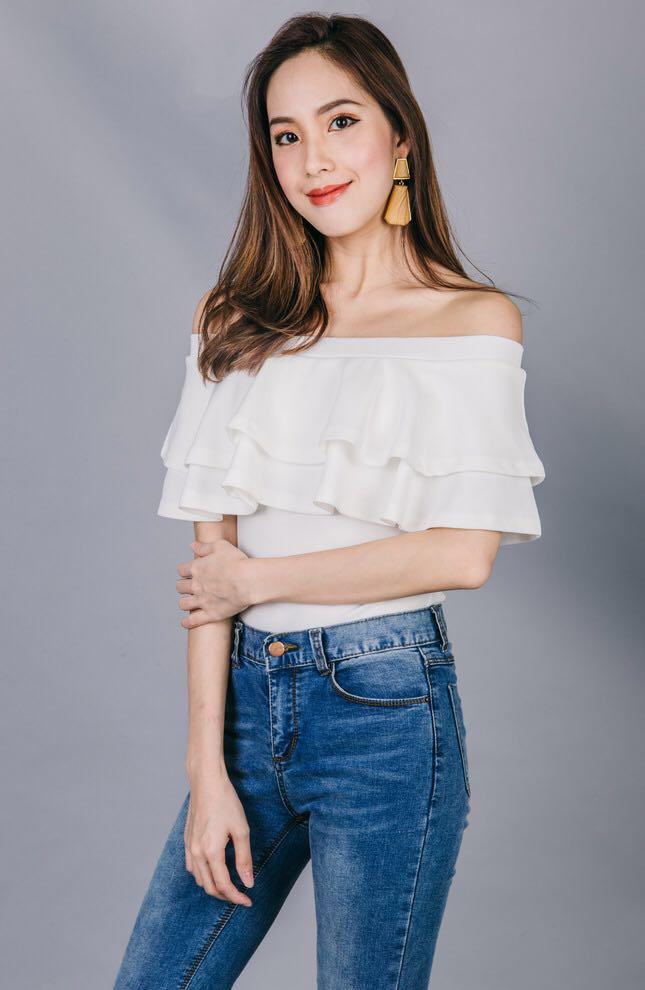 white ruffle off the shoulder top