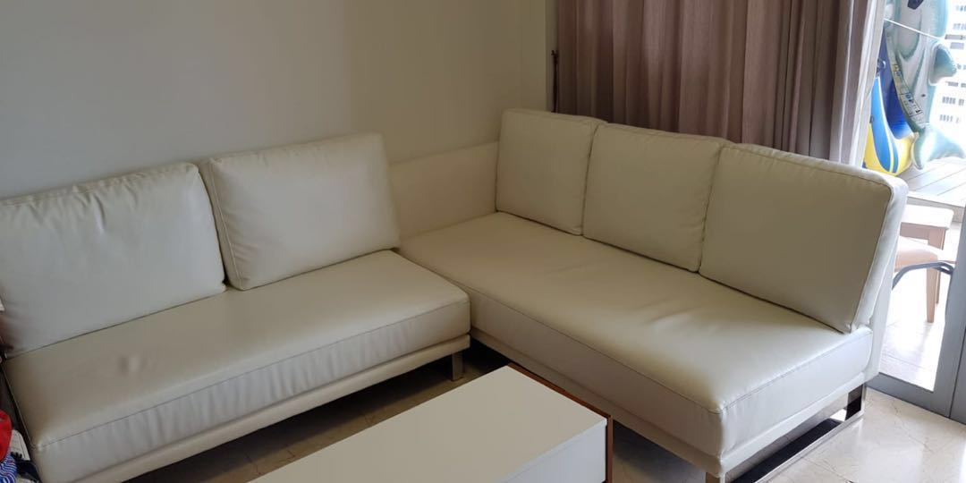 Real leather sofa off white colour, Furniture & Home Living, Furniture
