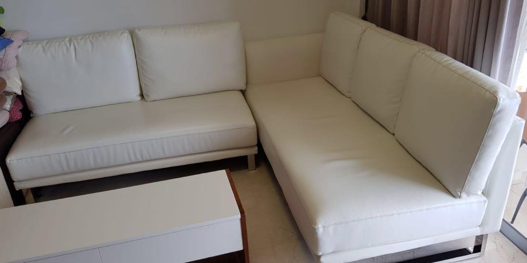 Real leather sofa off white colour, Furniture & Home Living, Furniture