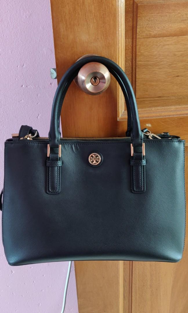 Tory Burch Robinson Double-Zip Saffiano Tote Bag, Black with Gold Hardware