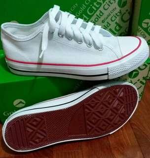 White Sneakers with red black stripe