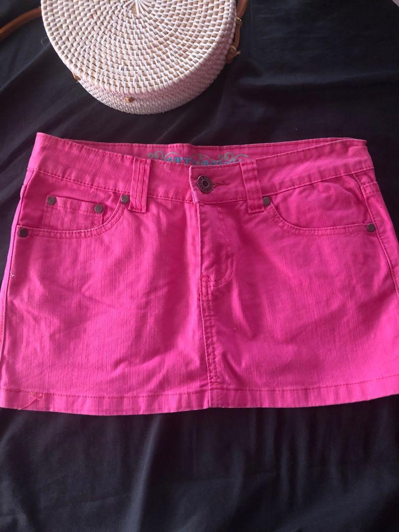 neon pink denim skirt