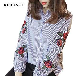 Floral Red Blue Rose Embroidery Button Up Blouse Long Sleeve Stripe Shirt