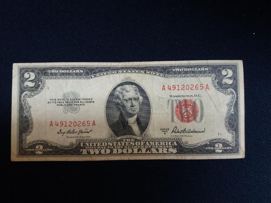 美國1953年A 2美元鈔票, 興趣及遊戲, 收藏品及紀念品, 錢幣- Carousell