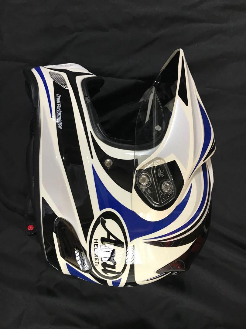 Arai helmet (preowned) tour cross 2 (Category: Motorcycle Apparel) located in Singapore. Submitted by jaafaar (Listing ID 210949765, Image 3). Description: Not for fussy buyers Original Arai helmet is preown. Used by me afew time. With light scratches. What you see is the condition its in now. Condition 6/10 Need to change Rubber seal. Need to change chin strap cover, worn. Come without visor peak, but converted to side cap. 55-56cm,S size.