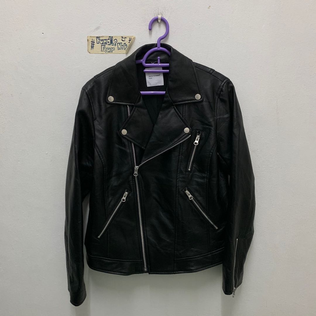 Back number Black Faux Leather Jacket Men s Fashion Tops Sets