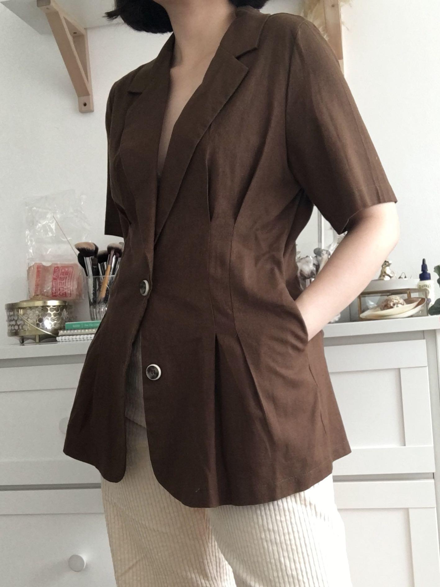 Brown linen short sleeve blazer, Fesyen 