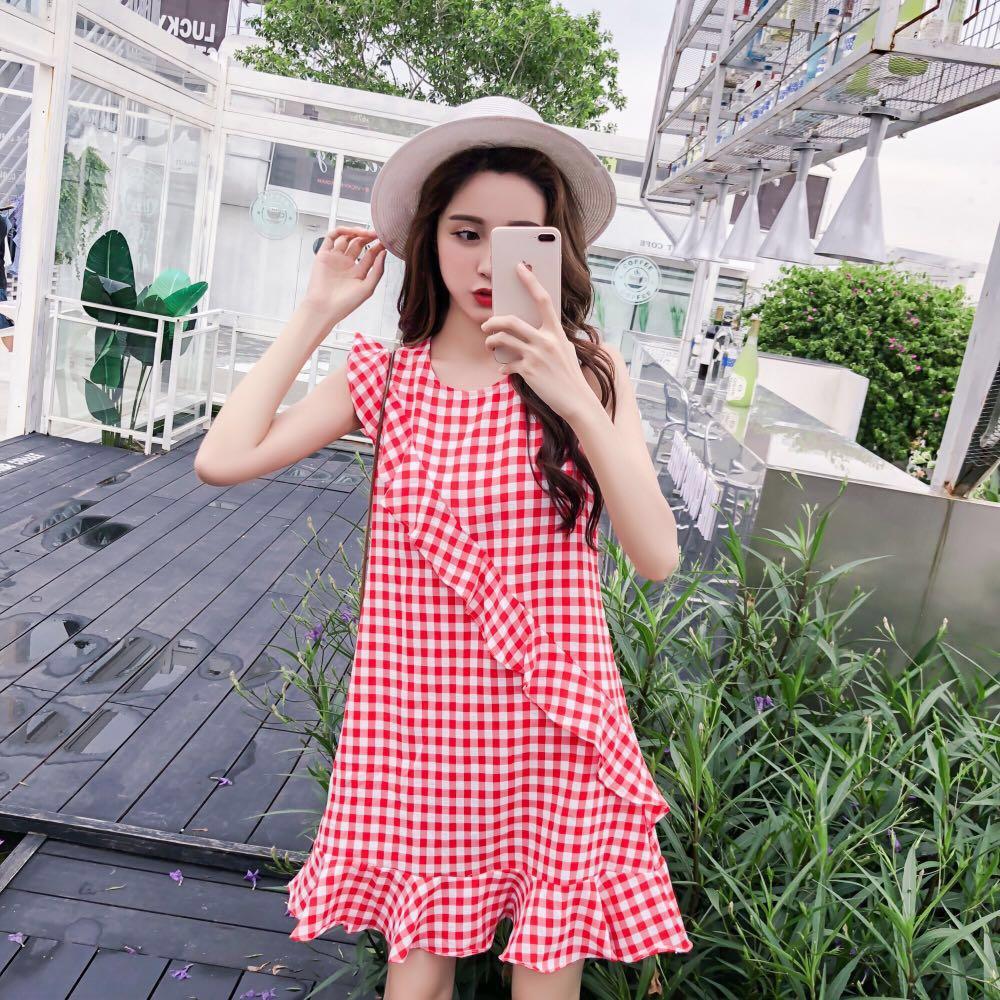 Checkered Dress Korean Ruffle Sleeveless Shift Slip on Dress Korea ...