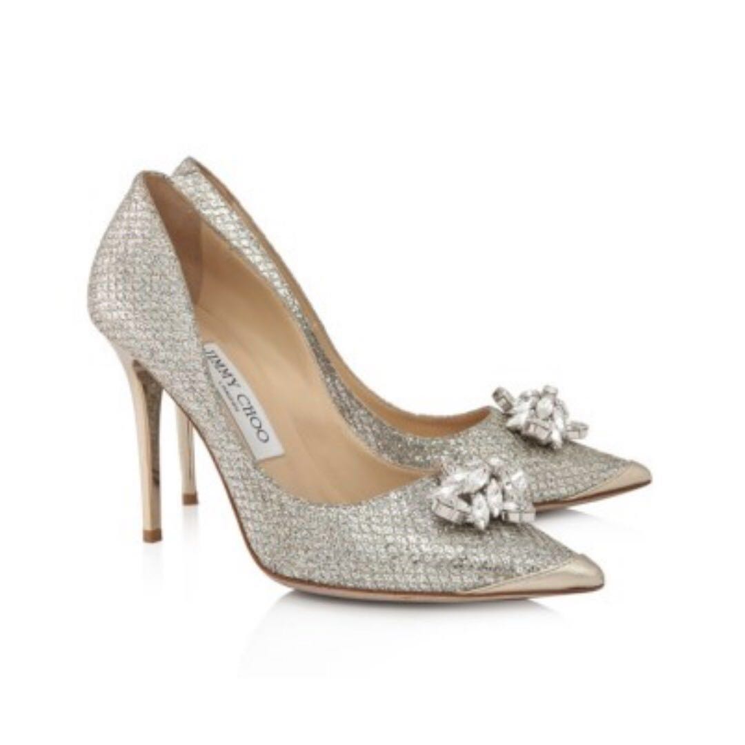 Jimmy Choo Dempsey Crystal Champagne Silver Heels Bridal Wedding