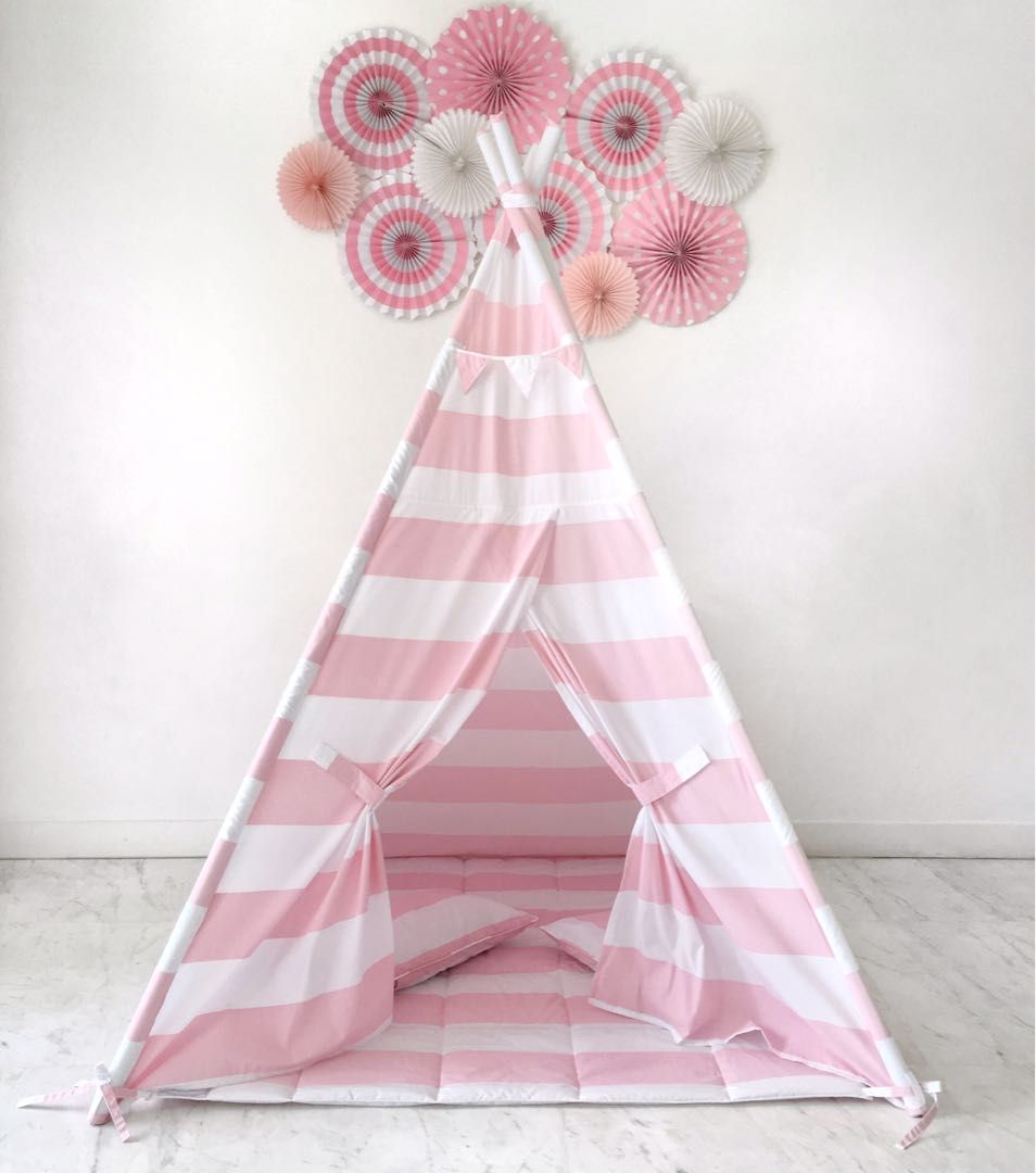 pink and white striped teepee
