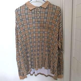 Burberry 古著 polo衫 格紋 卡其 經典 長袖 電繡 Logo 老品 復古  Vintage