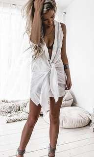 NEW white linen tie up sleeveless shirt dress