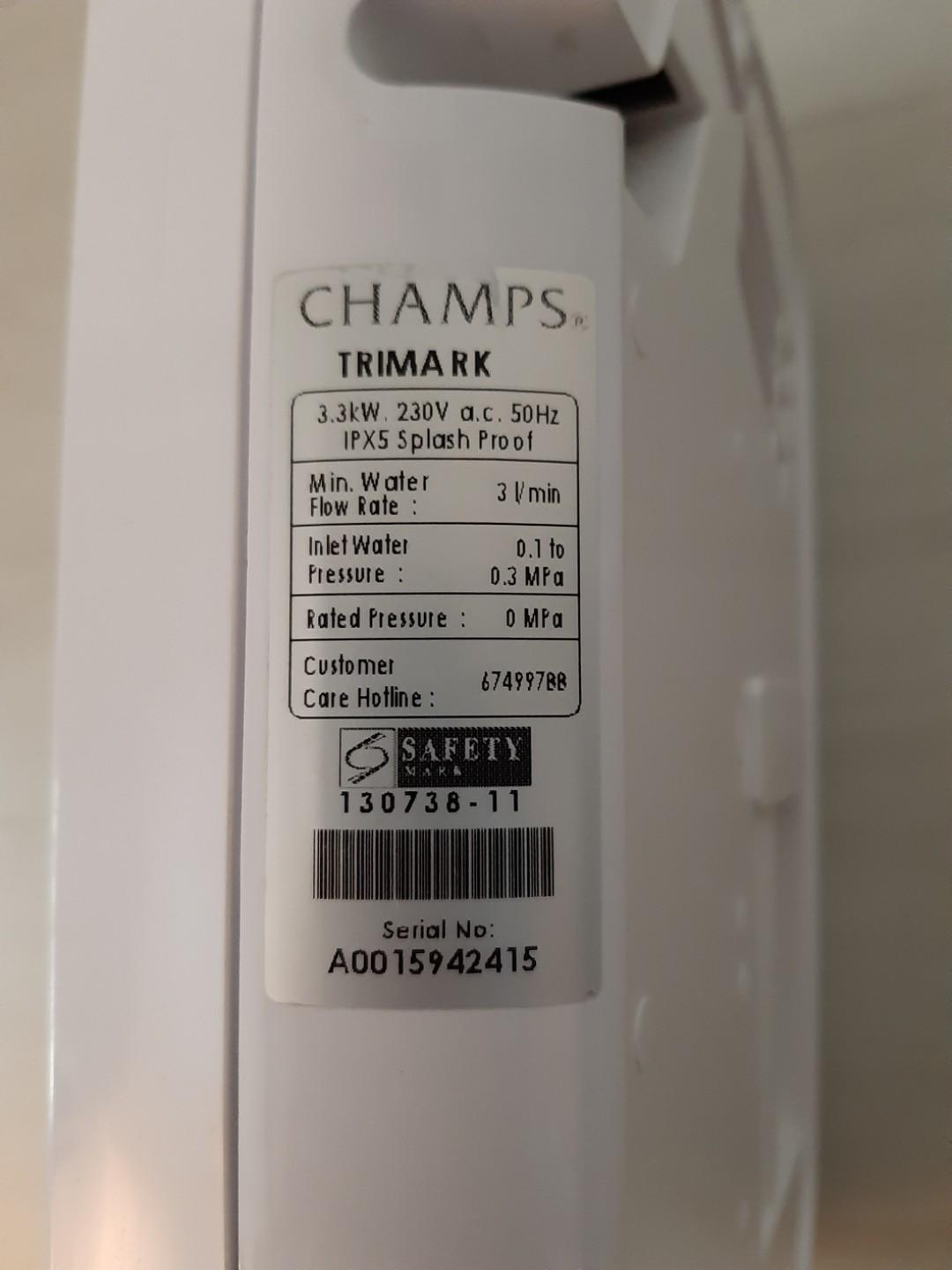 Champs Trimark Instant Water Heater, Furniture & Home Living, Bathroom