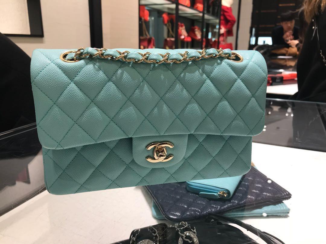 Chanel classic small in Tiffany blue in caviar, Luxury, Bags