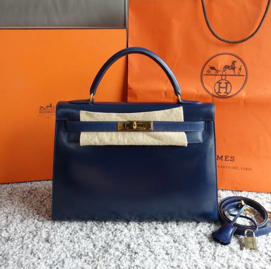 AUTHENTIC VINTAGE HERMES KELLY 28 in VEAU BOX LEATHER MARINE WITH GHW