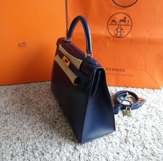 AUTHENTIC VINTAGE HERMES KELLY 28 in VEAU BOX LEATHER MARINE WITH GHW