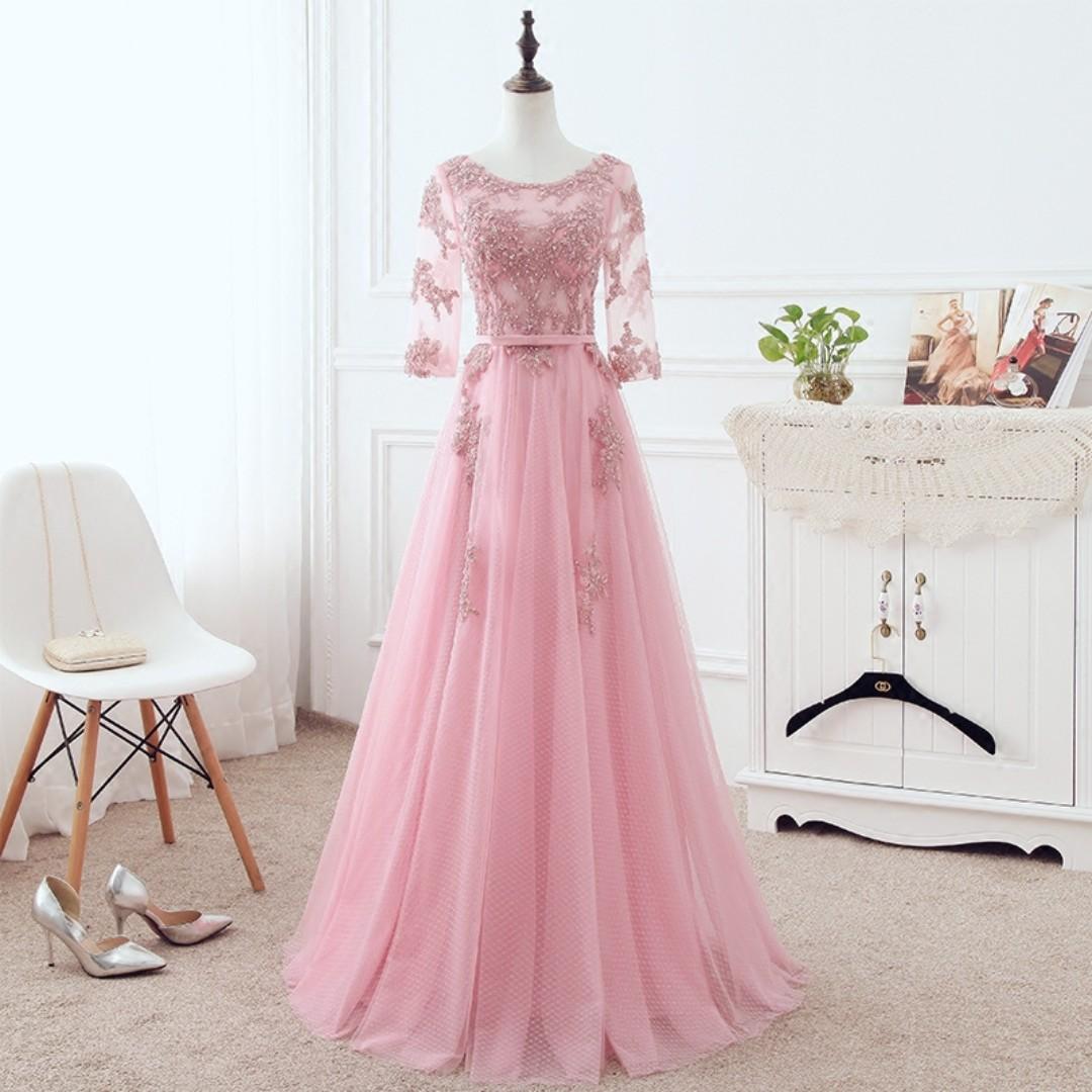 Pre order Pink long sleeve lace Muslimah fishtail prom wedding bridal dress  gown RBMWD0253, Women's Fashion, Muslimah Fashion, Dresses on Carousell