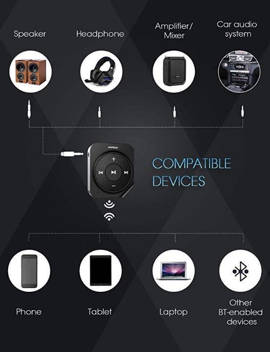 E1398 Mpow BH203 Bluetooth Receiver with 2 Built in Mics for Better Talking Experience 15 Hours Long Playtime Bluetooth Aux Adapter Sleep Mode for