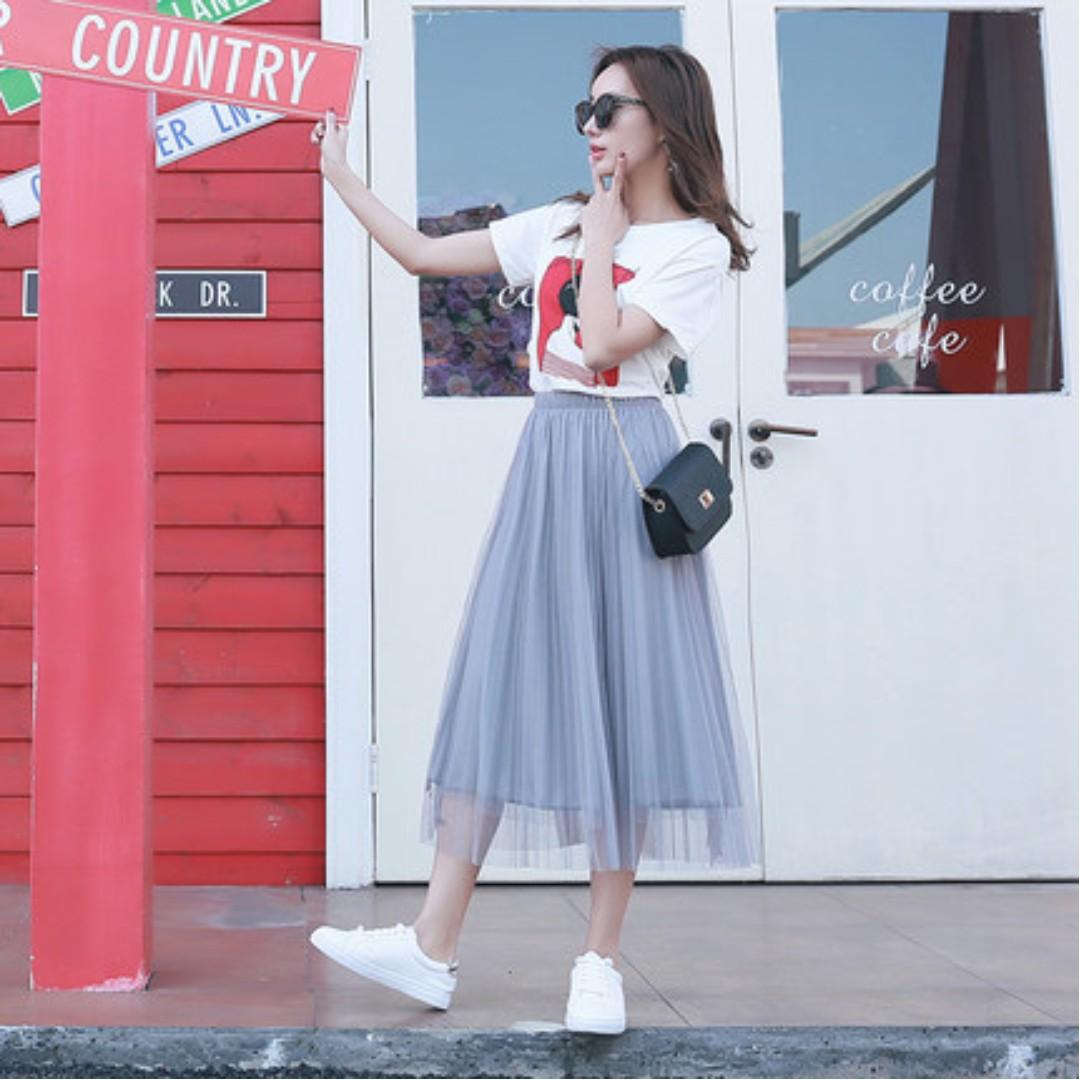 Elastic Waist Mesh Gauze Korean Style Midi Skirt Women S Fashion