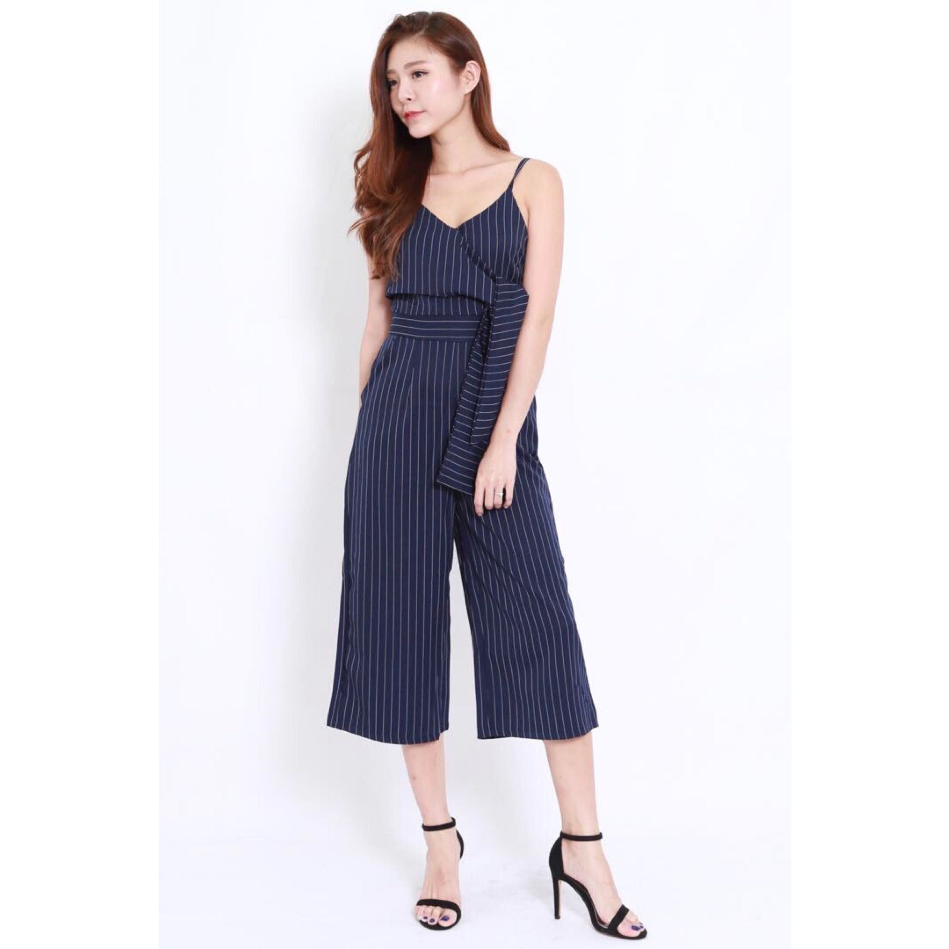 Navy Pinstripe Tie Jumpsuit, Women's