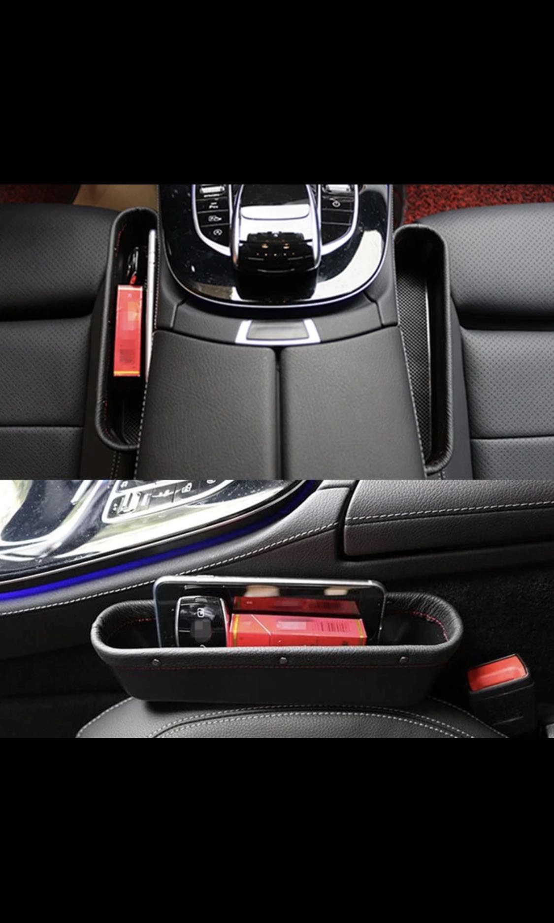 New Design Car Seat Crevice Storage Box Leather Auto Gap Pocket Organizer Contect Bo For Phone Card Cigarettes With M Logo