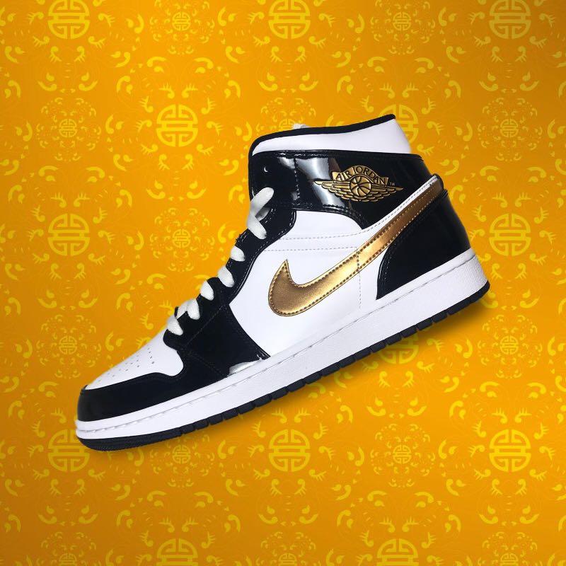 jordan 1 mid patent black white gold