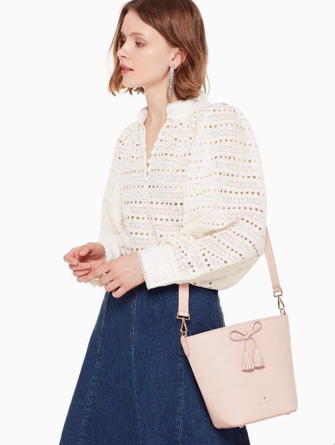 SALE Kate Spade Hayes Street Vanessa Bucket Bag Crossbody Slingbag Warm Vellum Blush Light Pink Nude Beige Ribbon Women s Fashion Bags Wallets Cross body Bags on Carousell