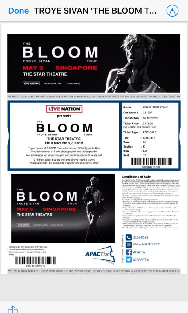 Troye Sivan Concert ticket Singapore 'the bloom' tour, Tickets