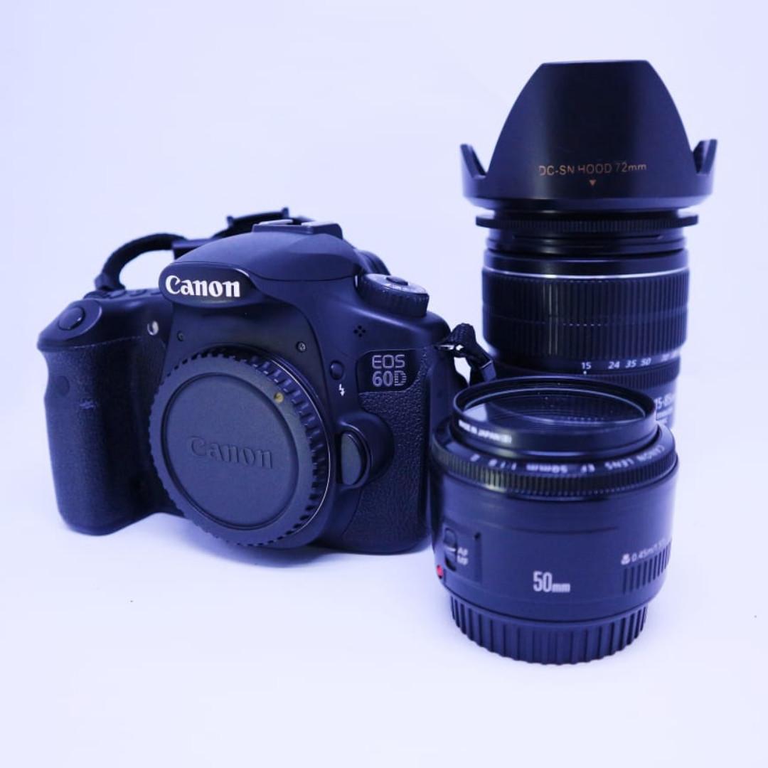 camera kamera dslr canon eos 60d lensa fix 50mm dan lensa 15 85mm hitam mulus