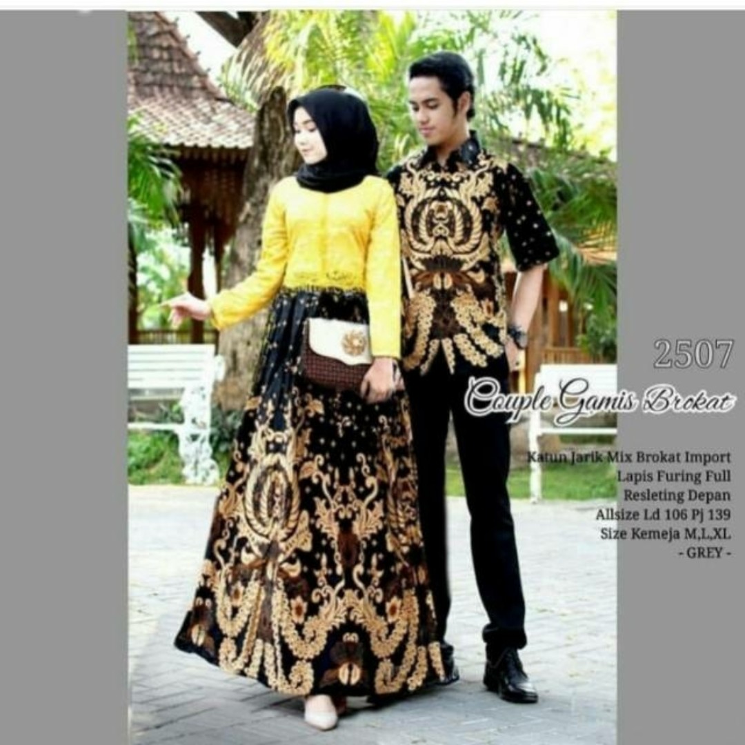 Pre order Muslimah long sleeve 2507 set couple batik lace dress grey yellow Women s Fashion Muslimah Fashion Dresses on Carousell