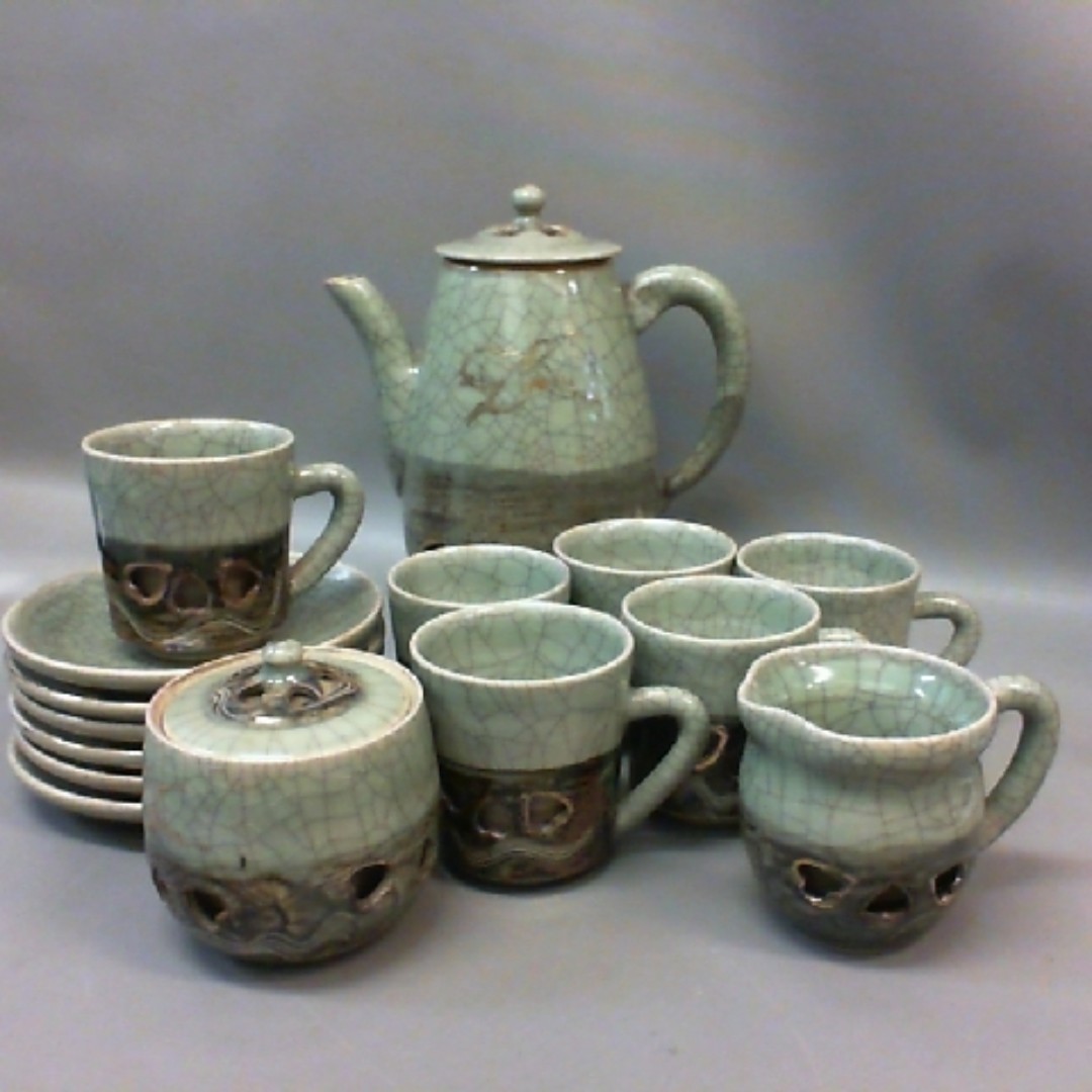 大堀相馬燒青裂縫二重湯吞茶具組 古董收藏 收藏品在旋轉拍賣