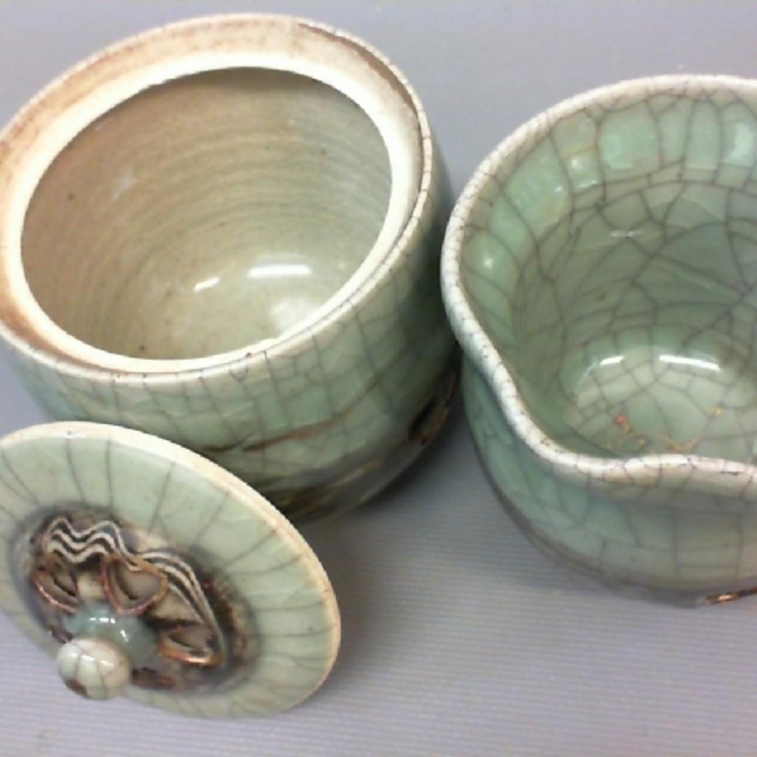 大堀相馬燒青裂縫二重湯吞茶具組 古董收藏 收藏品在旋轉拍賣