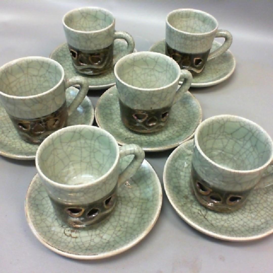 大堀相馬燒青裂縫二重湯吞茶具組 古董收藏 收藏品在旋轉拍賣