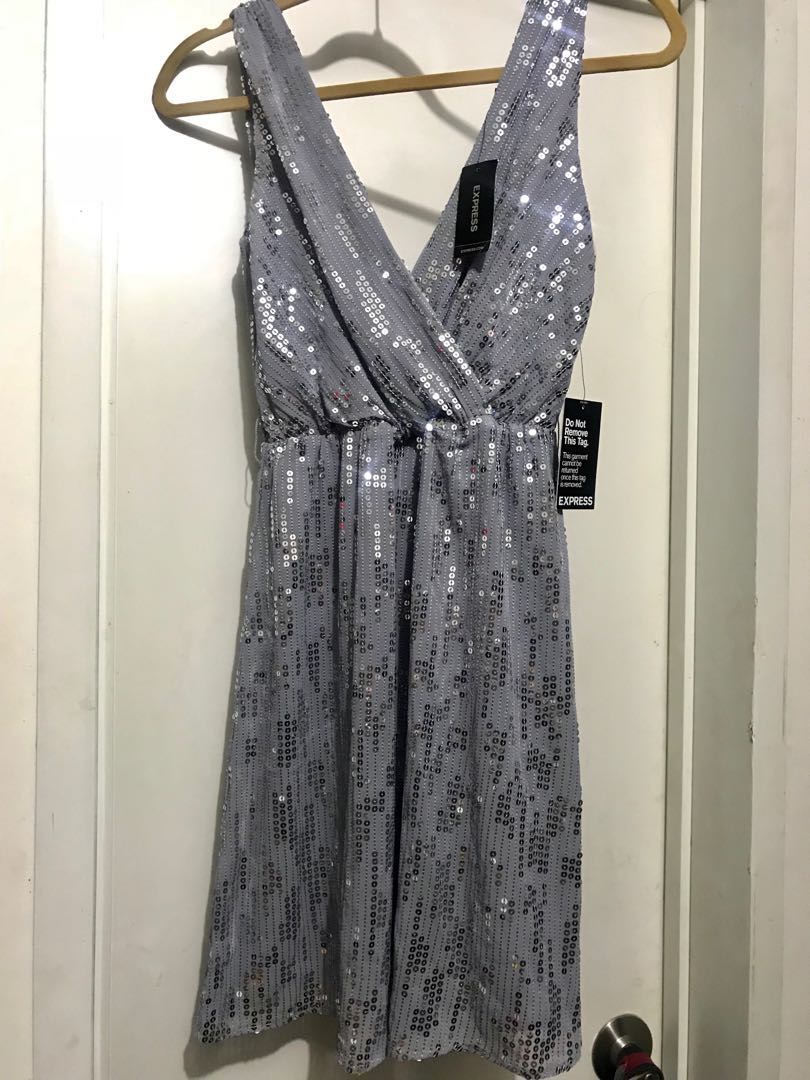 Express Silver Sequin Deep V neck Overlap Mini Dress Women s