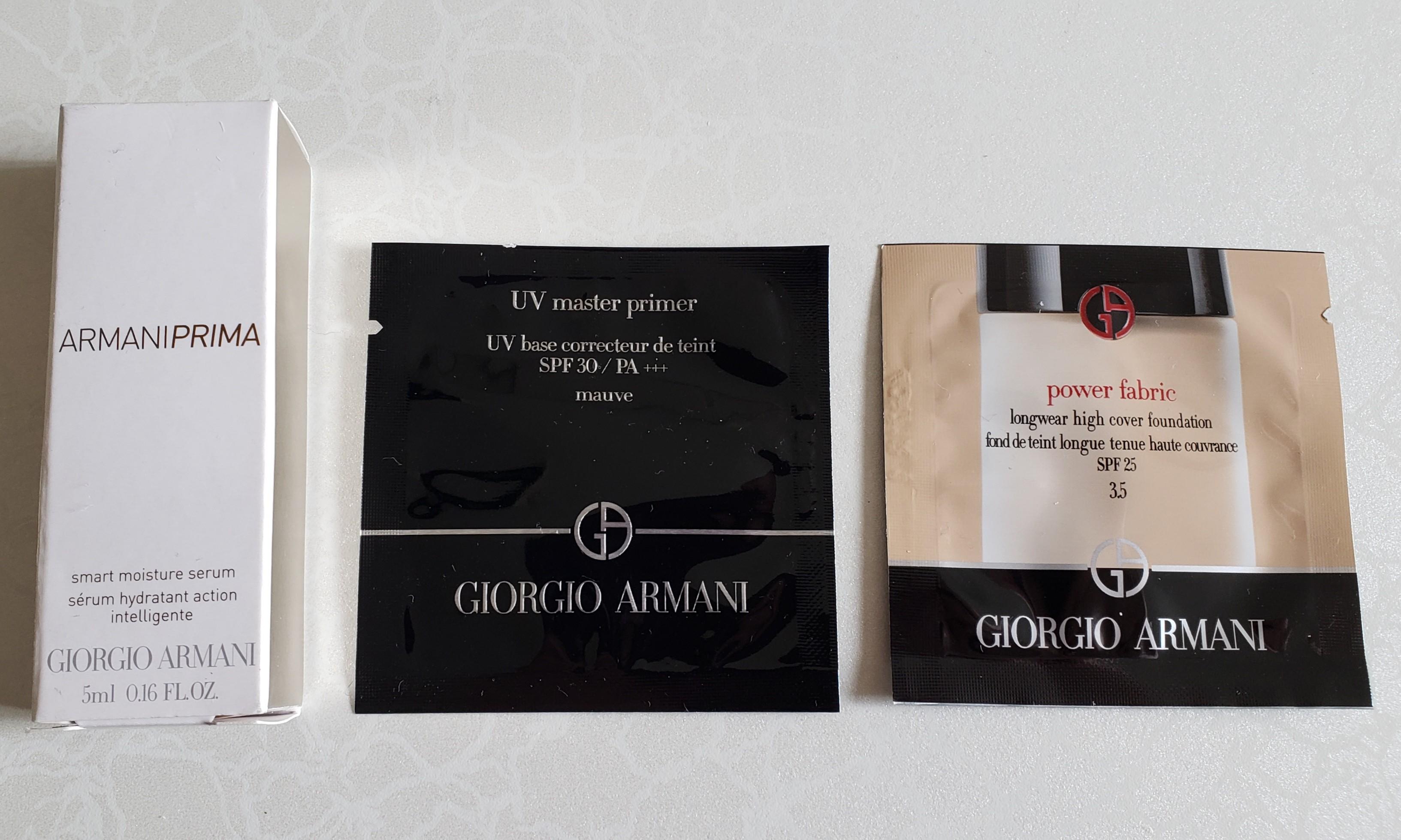 Giorgio Armani Sample （分類：面部 - 面部護理）位於 Hong Kong。 由 smallpigs 提交（商品編號 219722721，圖片 1）。簡介： Total amount $50, including 1) Smart Moisture Serum 5ml 2) UV master primer SPF 30/PA+++ 1ml 3) Power Fabric Longwear High Cover Foundation SPF25 #3.5 1ml Free postage after full settlement。