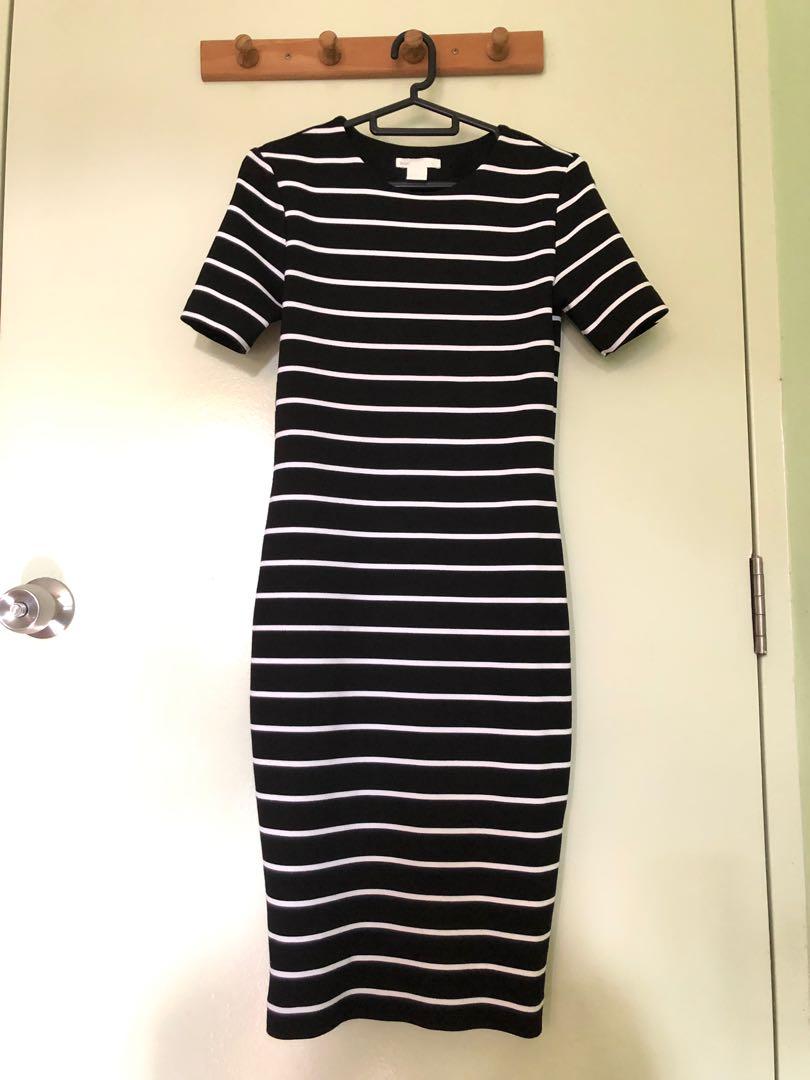 H M Jersey Black White Striped Dress Women S Fashion Clothes Dresses Skirts On Carousell