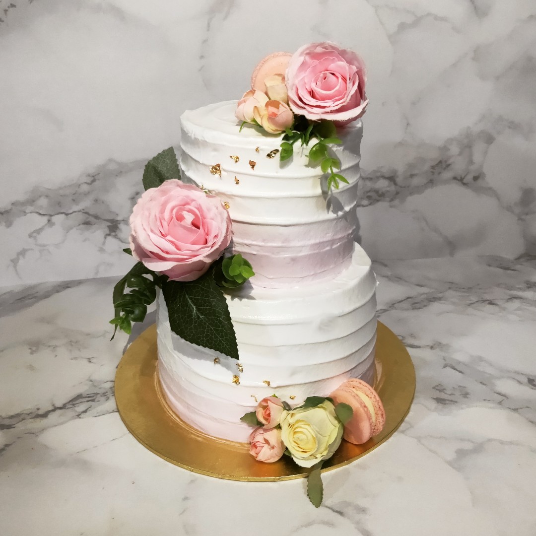 Two Tier Pink Shaded Swirls Cake With Fresh Flowers (Eggless) - Ovenfresh
