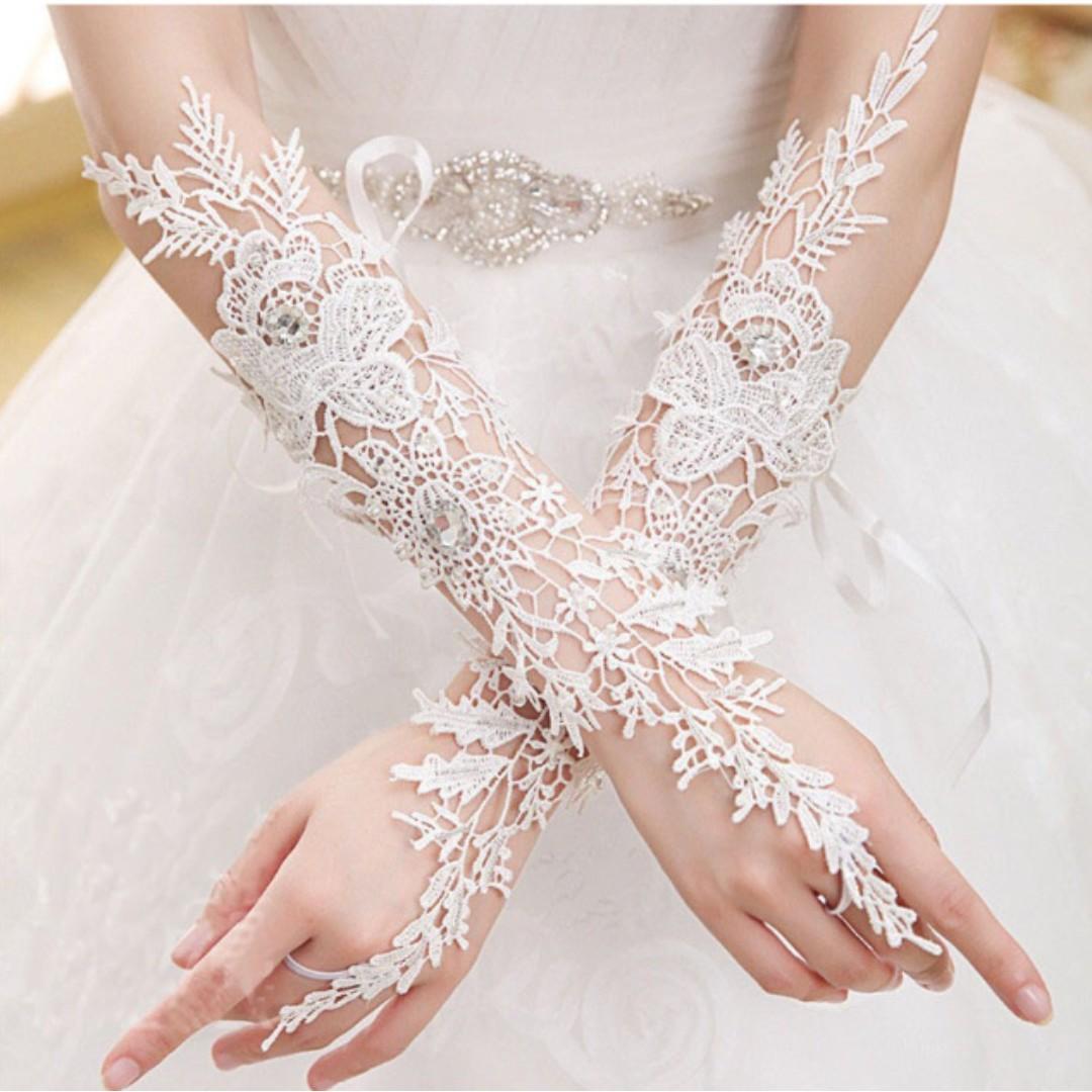 long white lace fingerless gloves
