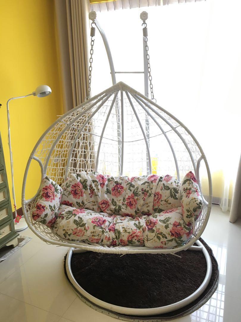 White Garden Swing Two Seater Chair With Floral Cushions