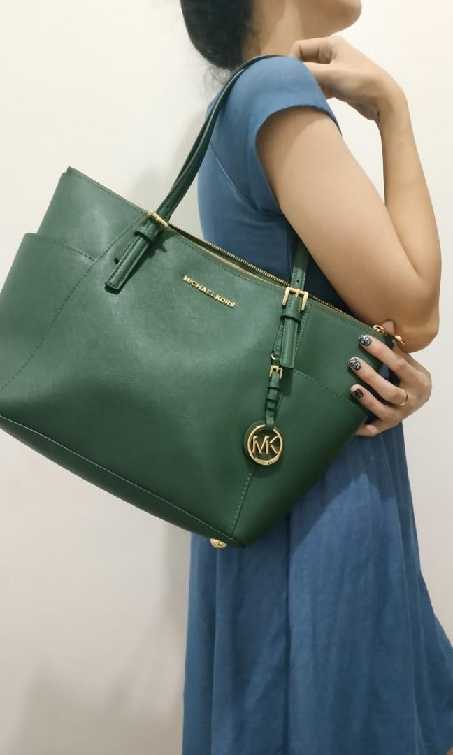 Authentic Michael Kors Jet Set Moss Green Large Tote Bag