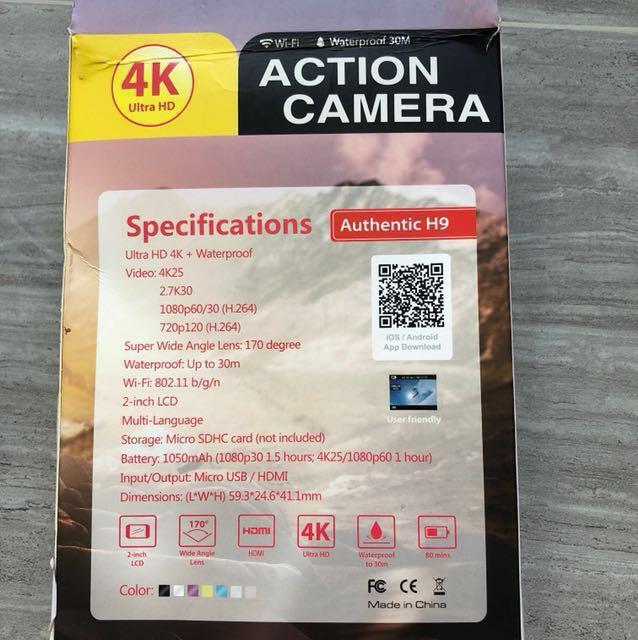 Action Camera (Category: Video Cameras) located in Singapore. Submitted by nanabananasss (Listing ID 148071844, Image 2). Description: Action camera Authentic H9 With wifi function and waterproof, good for sports. Also comes with remote distance of 10m/33ft..