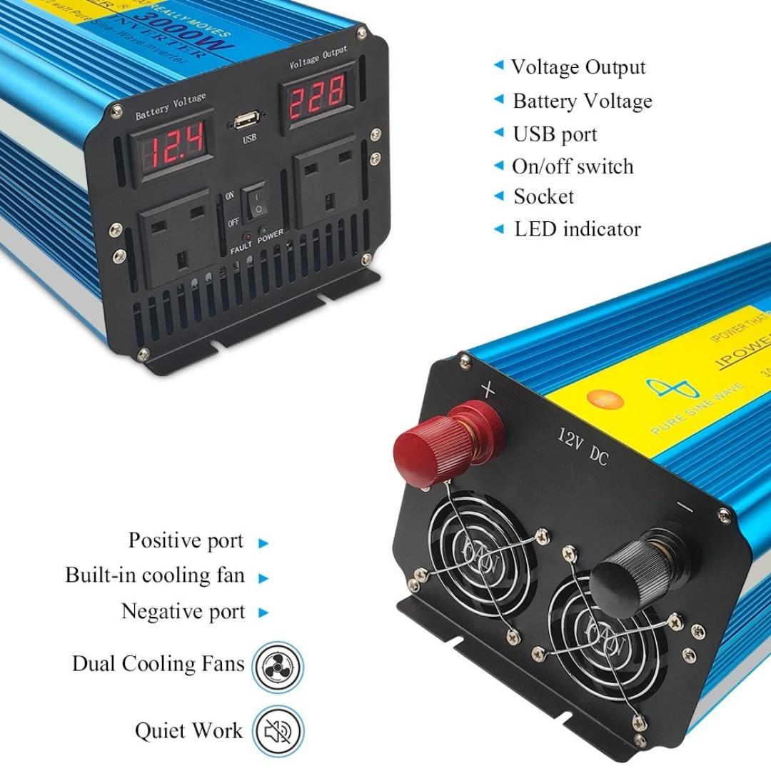 Car Power Inverter, Camping 12V DC to 230V AC convertor with LCD