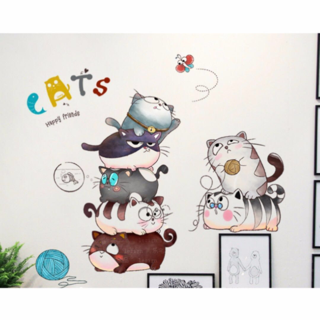 T11 01 Cats Catching Butterfly Wall Sticker Decal Wallpaper Kids Children Nursery Bedroom Living Wall Decal Sticker Mural Home Birthday